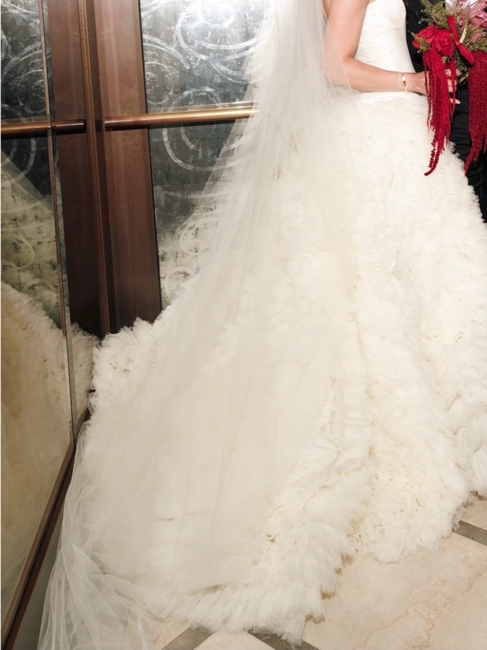 Vera Wang Ivory Strapless Ball Gown with Textured Feathered Skirt - Picture 4 of 5